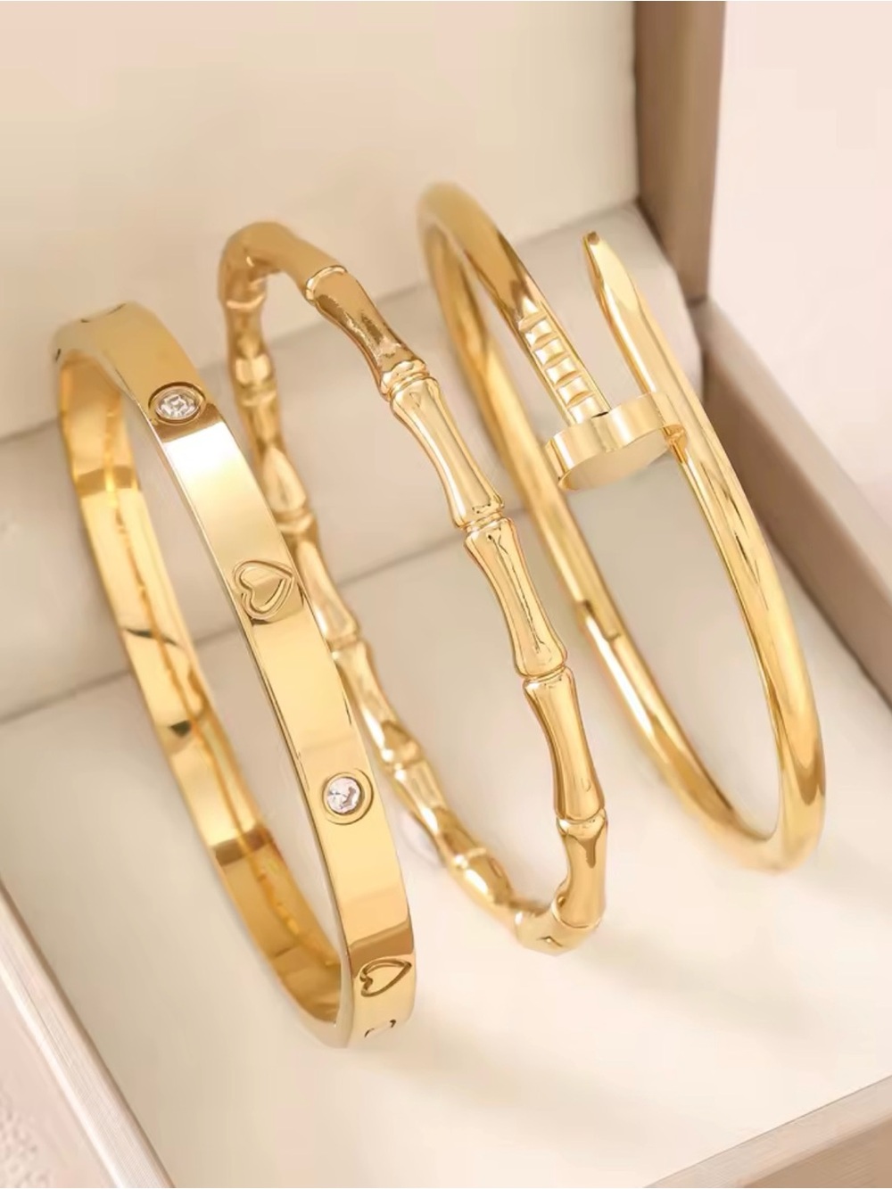 3 pc 18K Gold Plated Stainless Steel Stackable Bracelets.